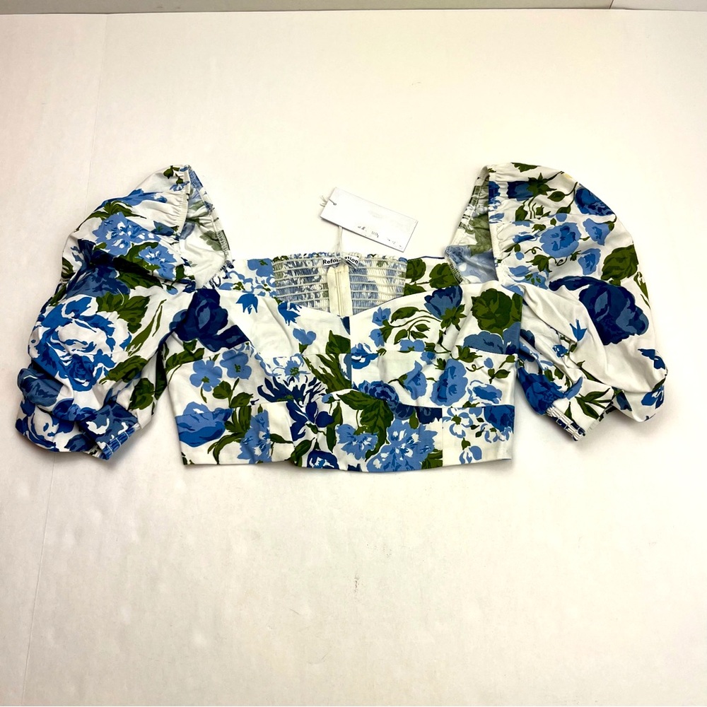 Reformation White Blue Green Floral Crop Top SZ 4 Puff Short Sleeve NEW *FLAWED